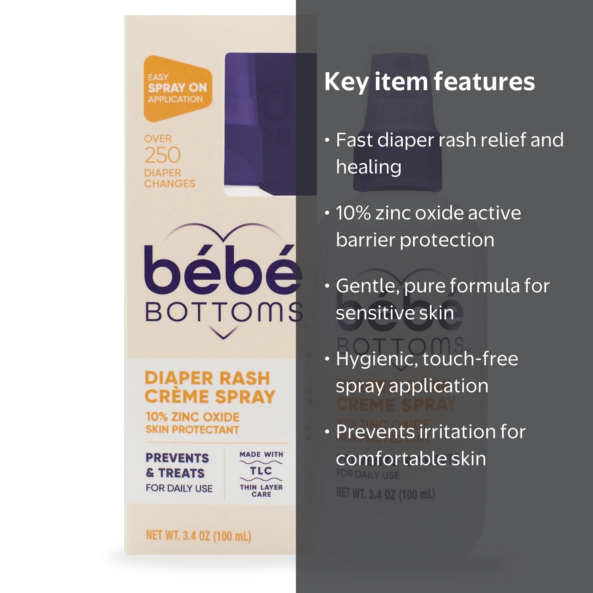 bebe Bottoms, Diaper Rash Cream Spray, Paraben and Dye Free, 100