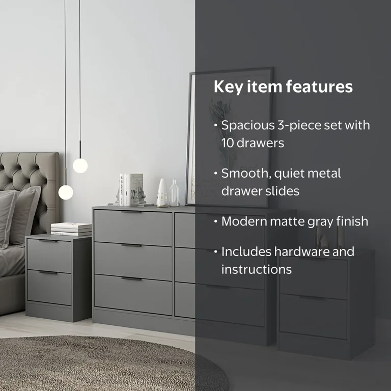 dark grey dresser and nightstand set Kappesberg Fresno 3-Piece Bedroom with 6-Drawer Two 2-Drawer Nightstands, Gray Engineered Wood luxury flower girl dress India online