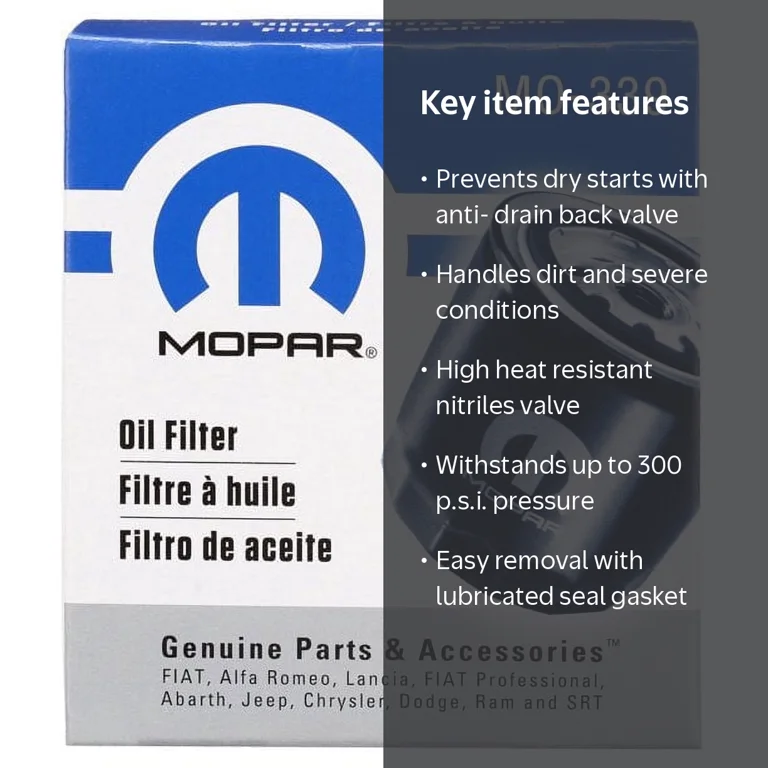 MOPAR, Oil Filter, MO-339, seal gasket with anti-drain back valve