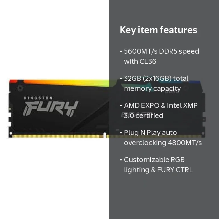 Kingston FURY Beast RGB 32GB DDR5 5600 (PC5 44800) Desktop Memory