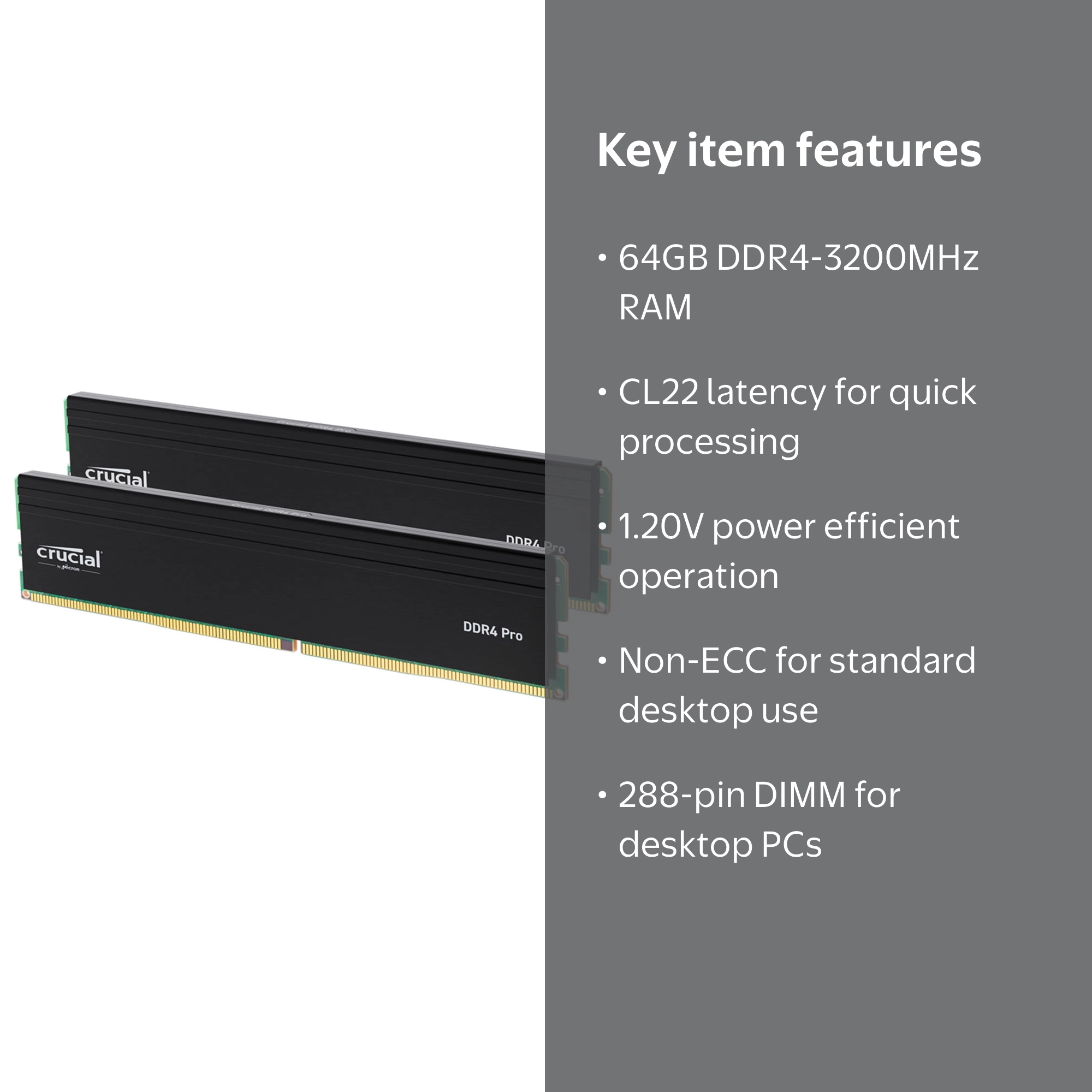 Crucial Pro 64GB DDR4 3200 PC4 25600 Gaming Desktop Memory, 288