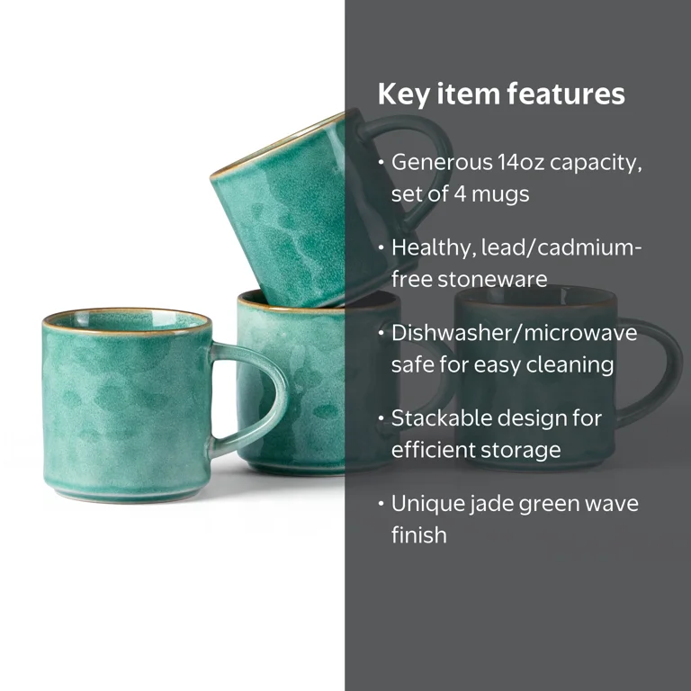 Vesteel, Ceramic Coffee Cups Set of 4, 14oz, Jade Green - Walmart.com