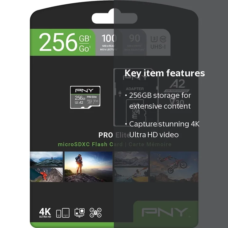 PNY 256GB Pro Elite MicroSDXC Flash Memory Card, Class 10 U3 V30