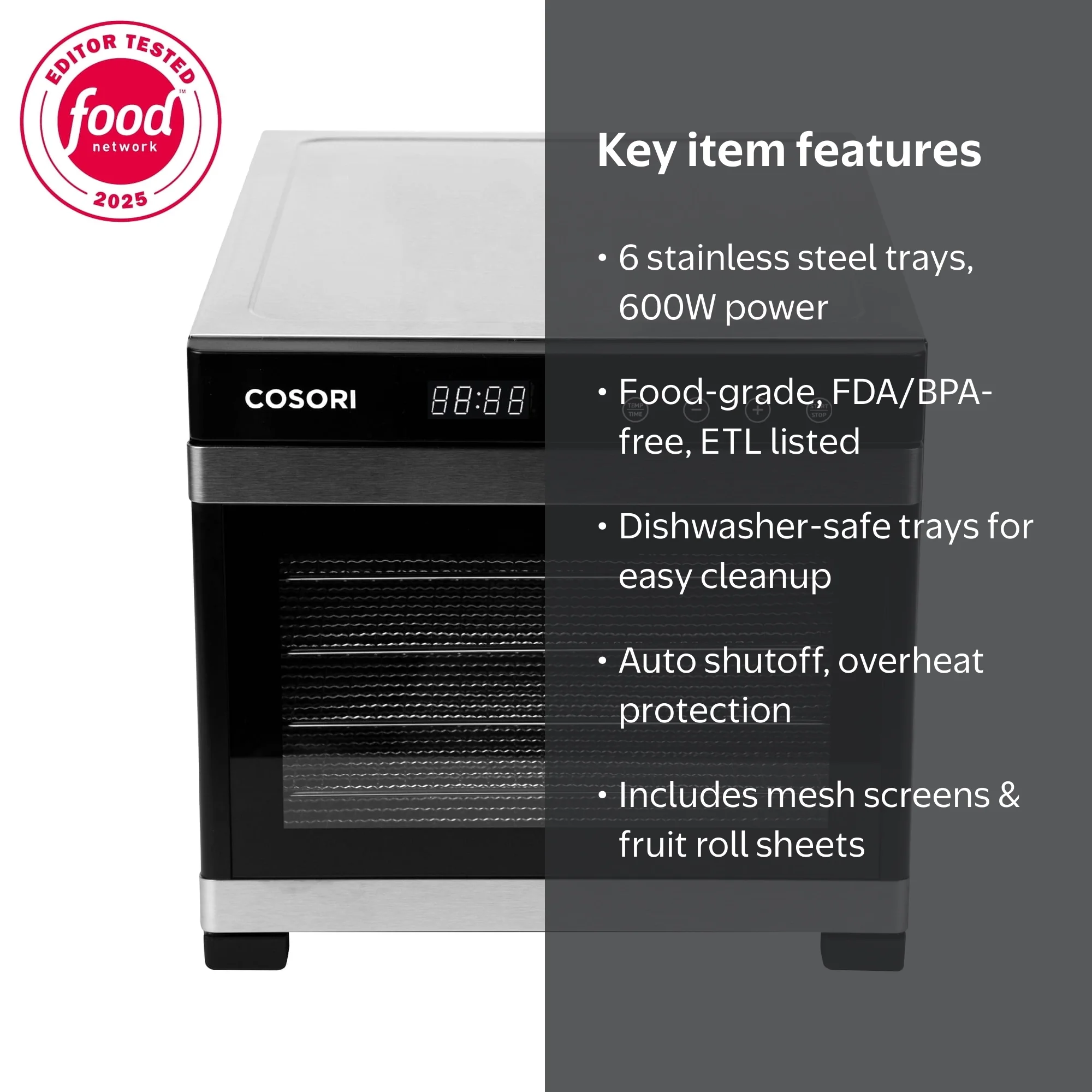 COSORI Electric Food Dehydrator, 600W, 6 Steel Trays, Bonus