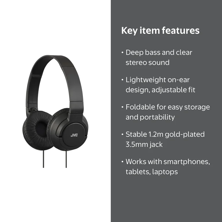 JVC HAS180 Black Lightweight Stereo Wired On Ear Headphones with