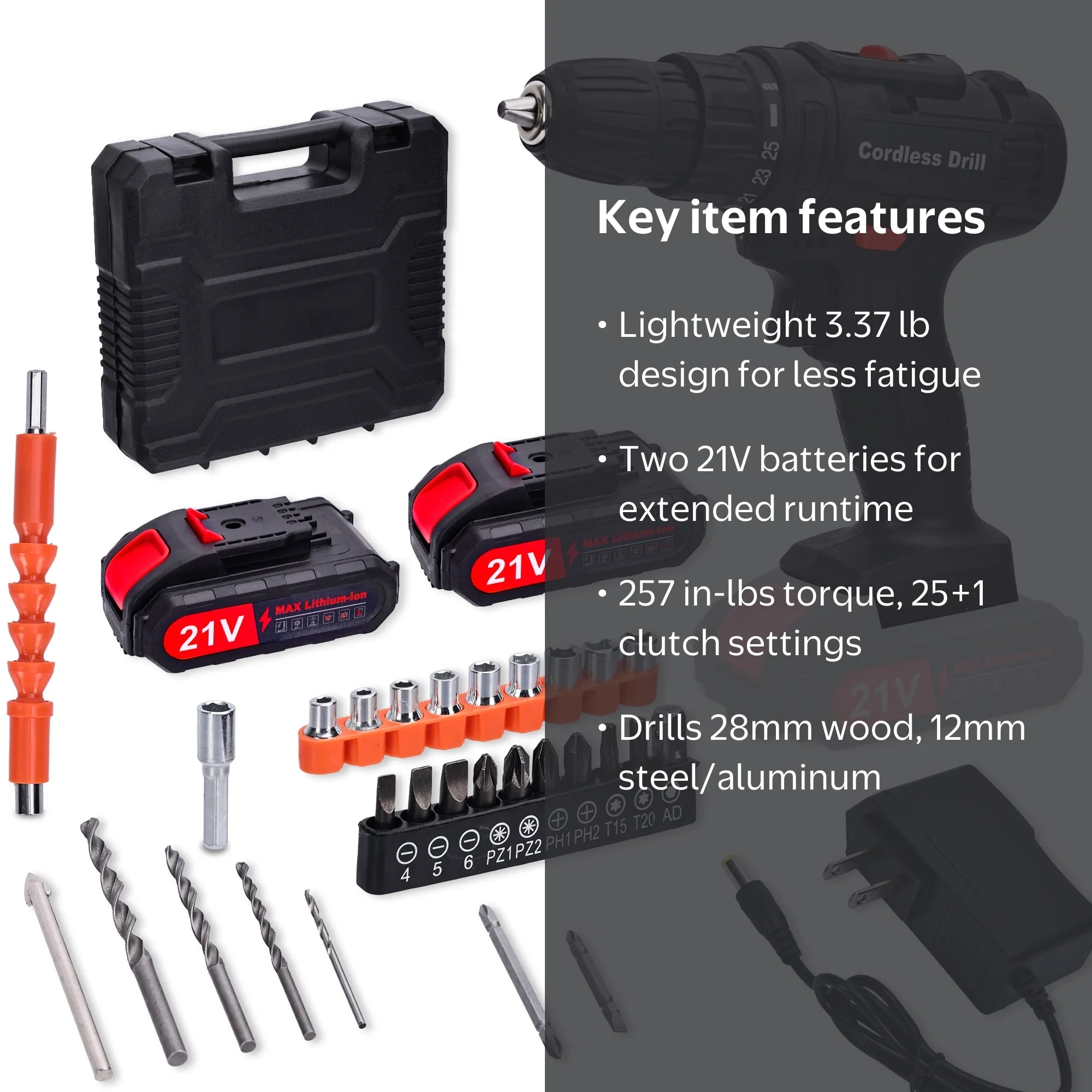 HDJ 21V Max Cordless Drill Set, 2 Batteries, Electric Drivers
