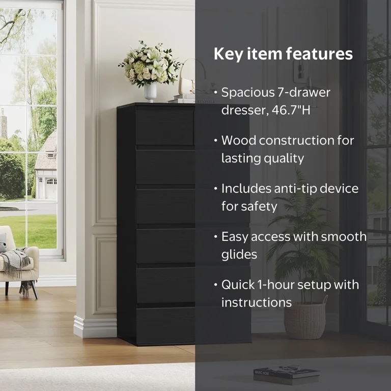 Homfa 7 Drawer Tall Dresser for Bedroom and Living Room, Modern Black Chest of Drawers with Narrow Design