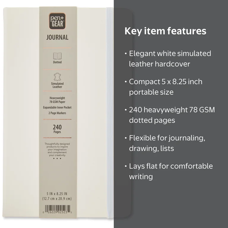 Pen+Gear Simulated Leather Journal, White, 5 in x 8.25 in, 240