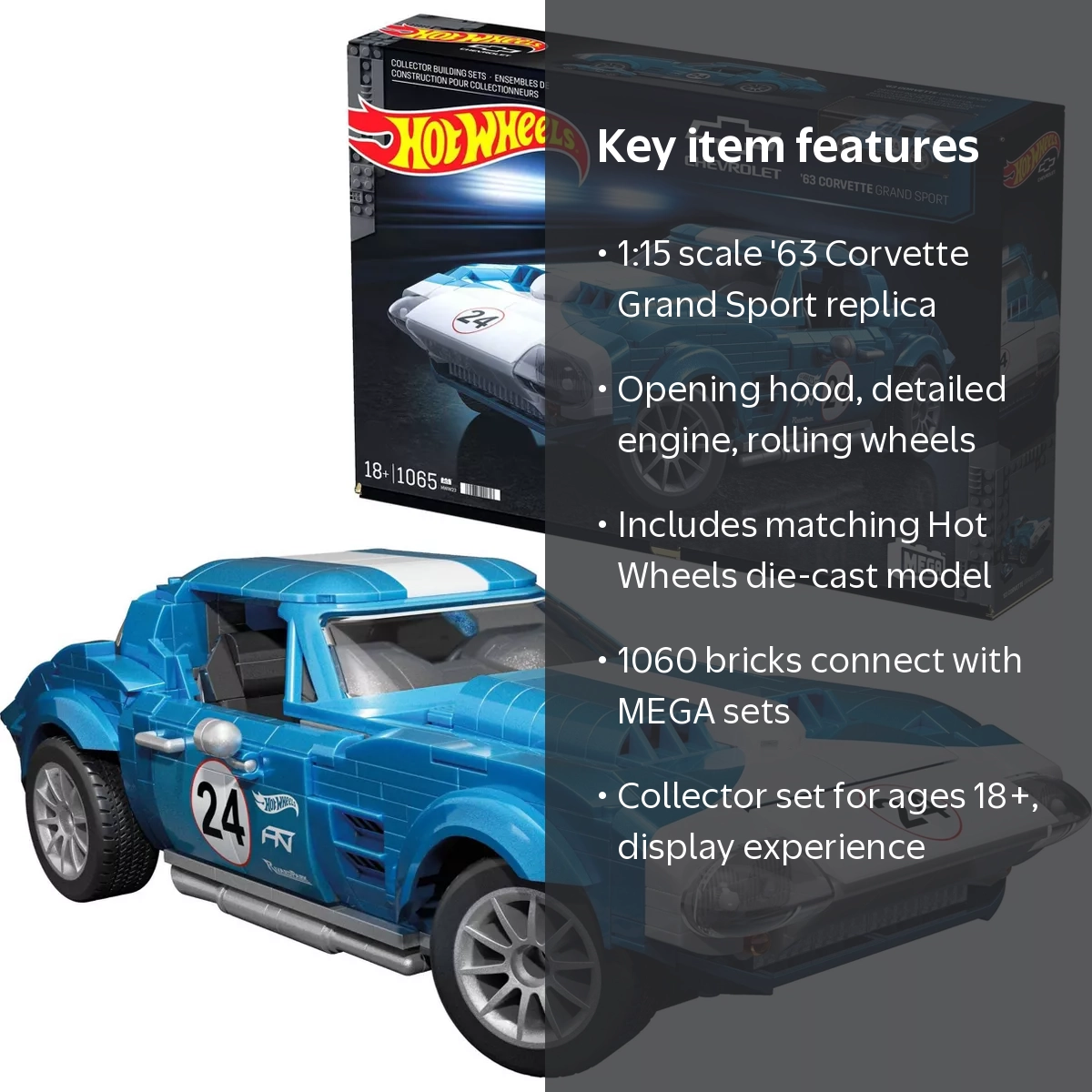 MEGA Hot Wheels 63 Corvette Grand Sport Race Car Building Toy Kit