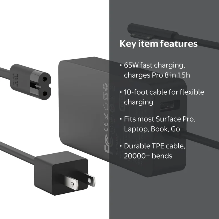 MUSICOZY, Surface Pro Laptop Charger, 65W, 10FT LED Support