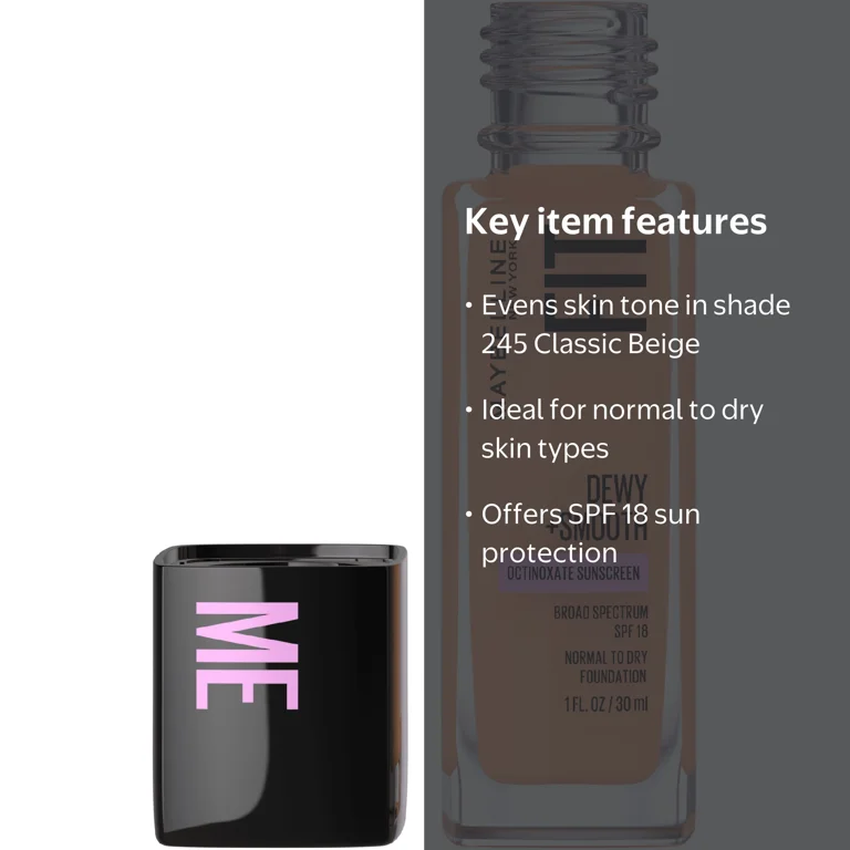 Maybelline, Foundation, SPF 18, Dewy and Smooth Liquid 1 fl oz