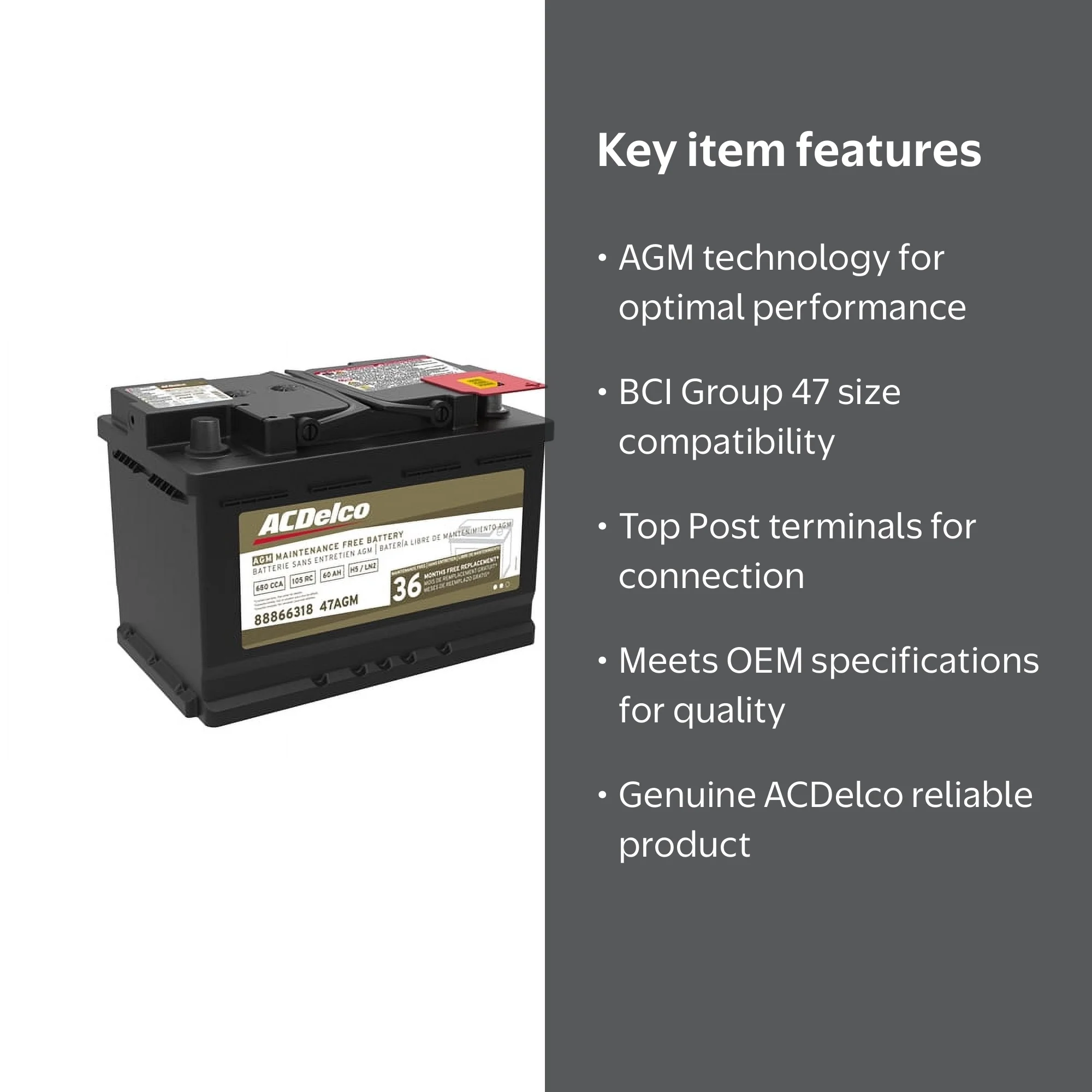 ACDelco, Battery, Group Size 47, Top Post, AGM, 36-Month Warranty