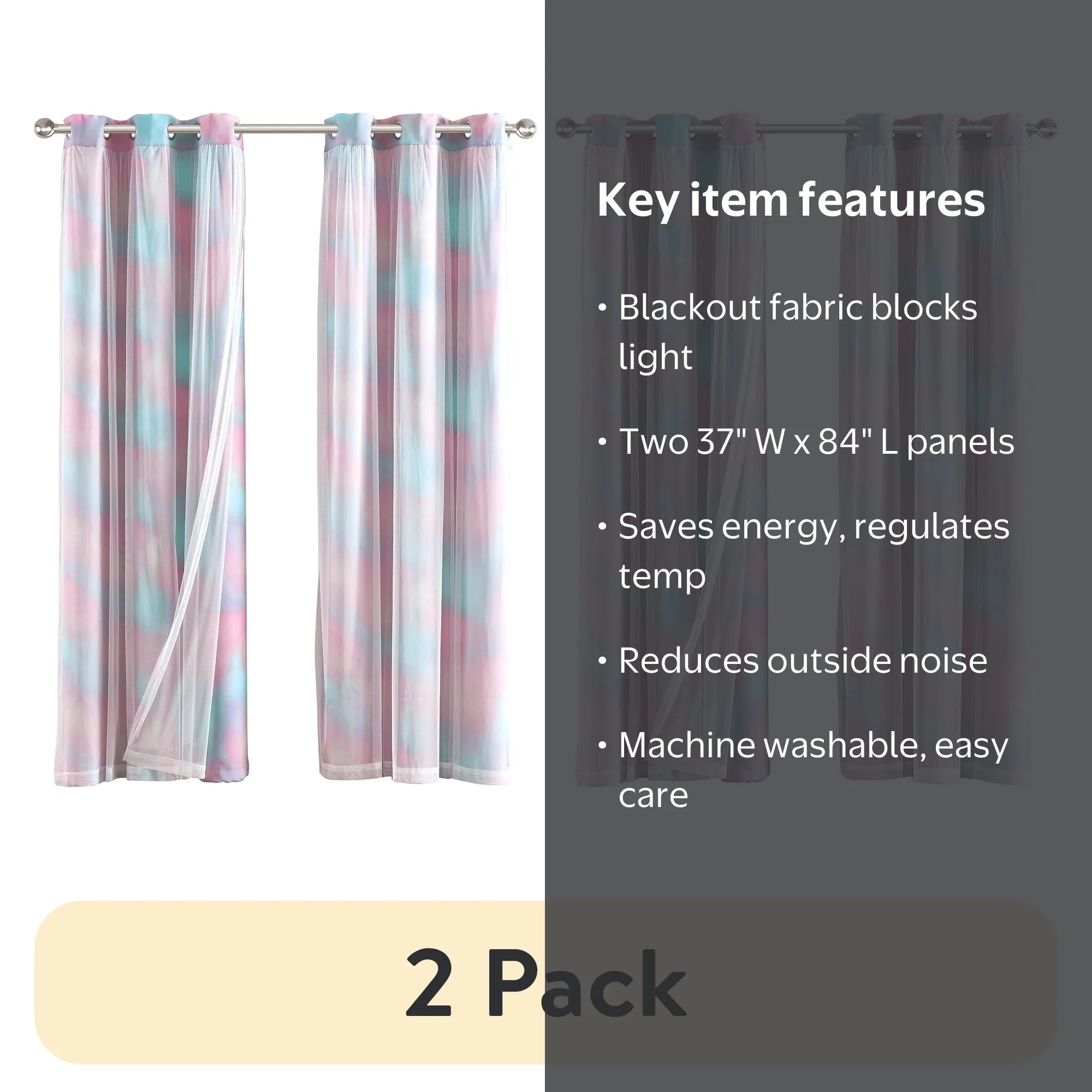 Your Zone Blackout Curtain Panel - Sheer Overlay - Walmart.com