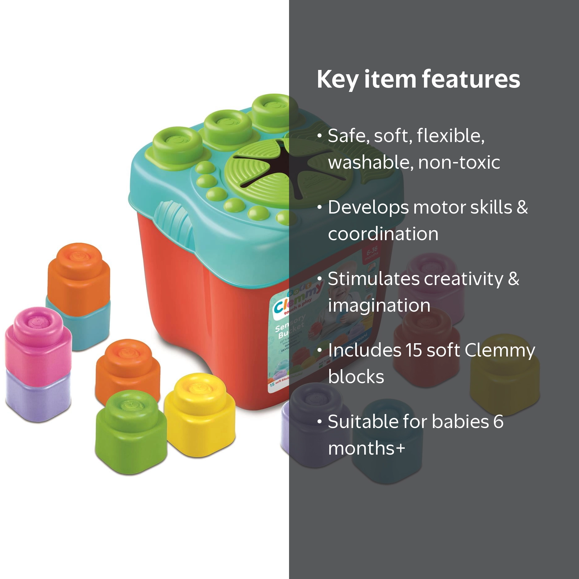 Clementoni Clemmy Sensory Bucket with 15 Soft Blocks, Develops