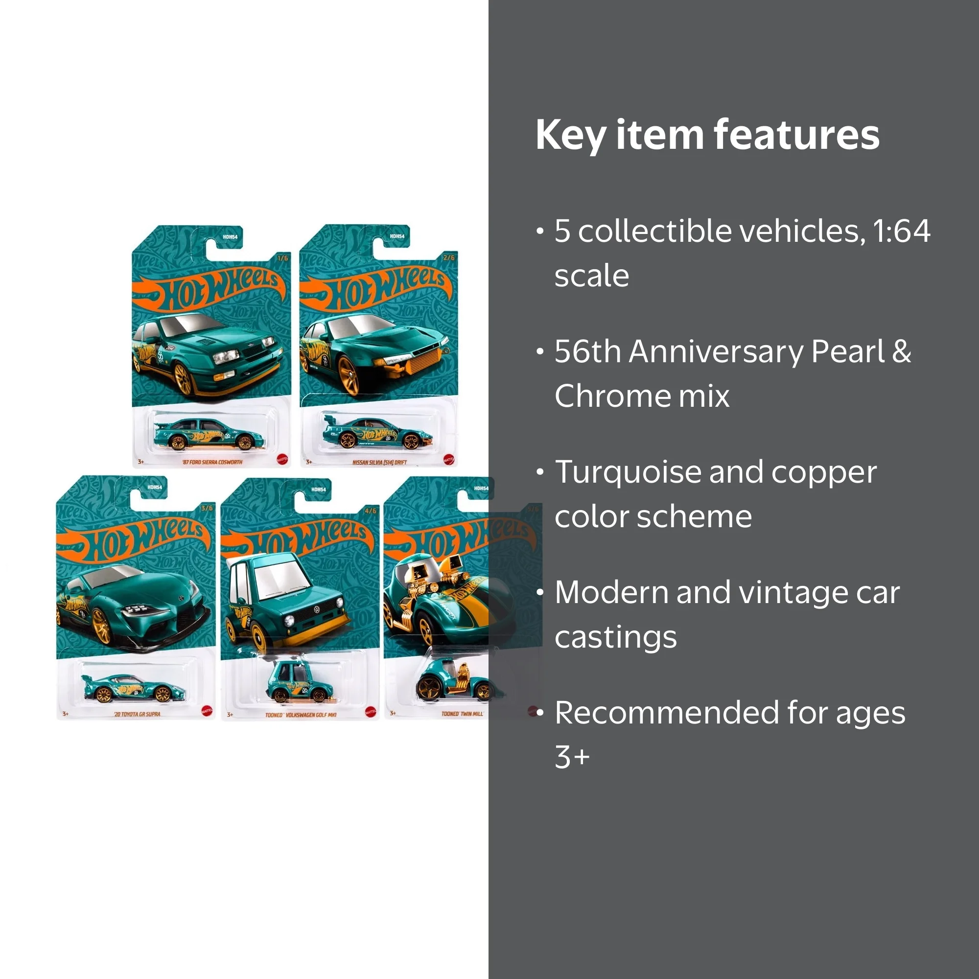 Hot Wheels Car and Truck Play Vehicles, turquoise,5 Count