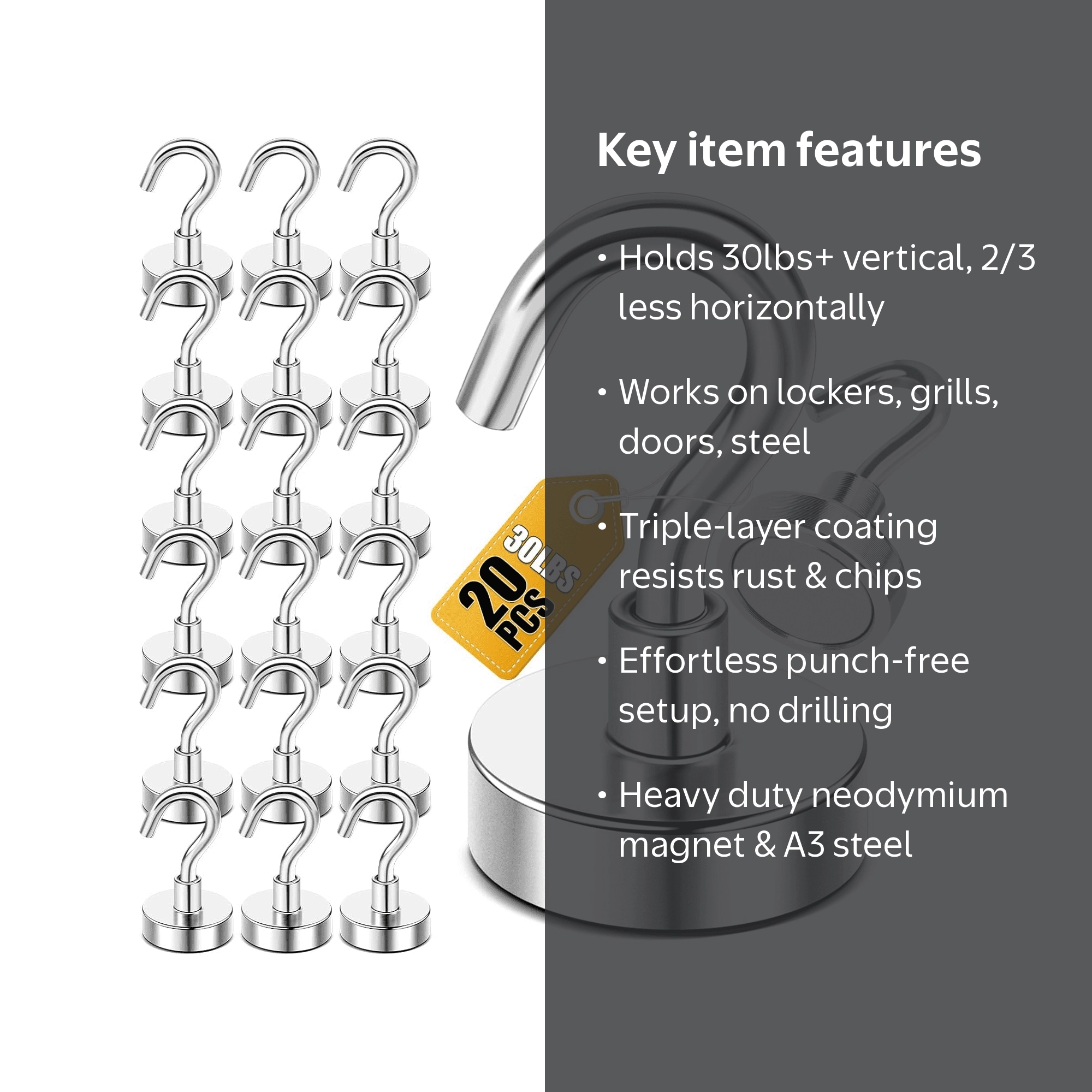 NAISHIER 20 Pack Magnetic Hooks, 25Lbs Heavy Duty, Strong