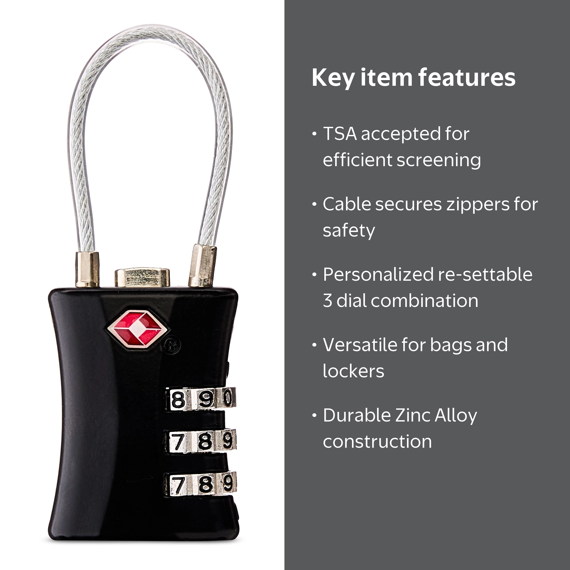 Protege TSA Approved 3 Dial Combination Cable Luggage Lock