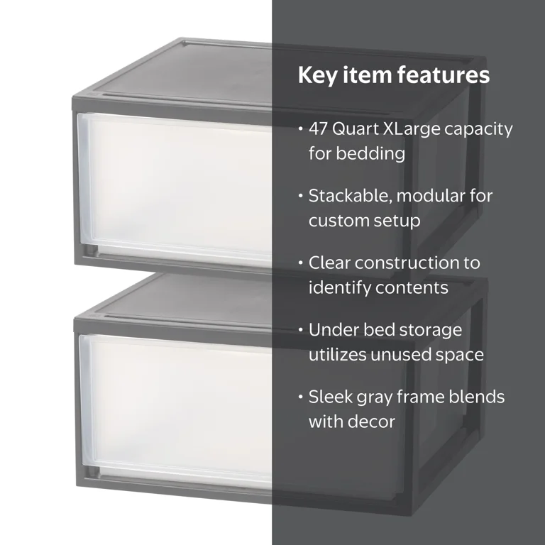 IRIS 47 Qt XLarge Plastic Drawers, Under Bed Storage Bins