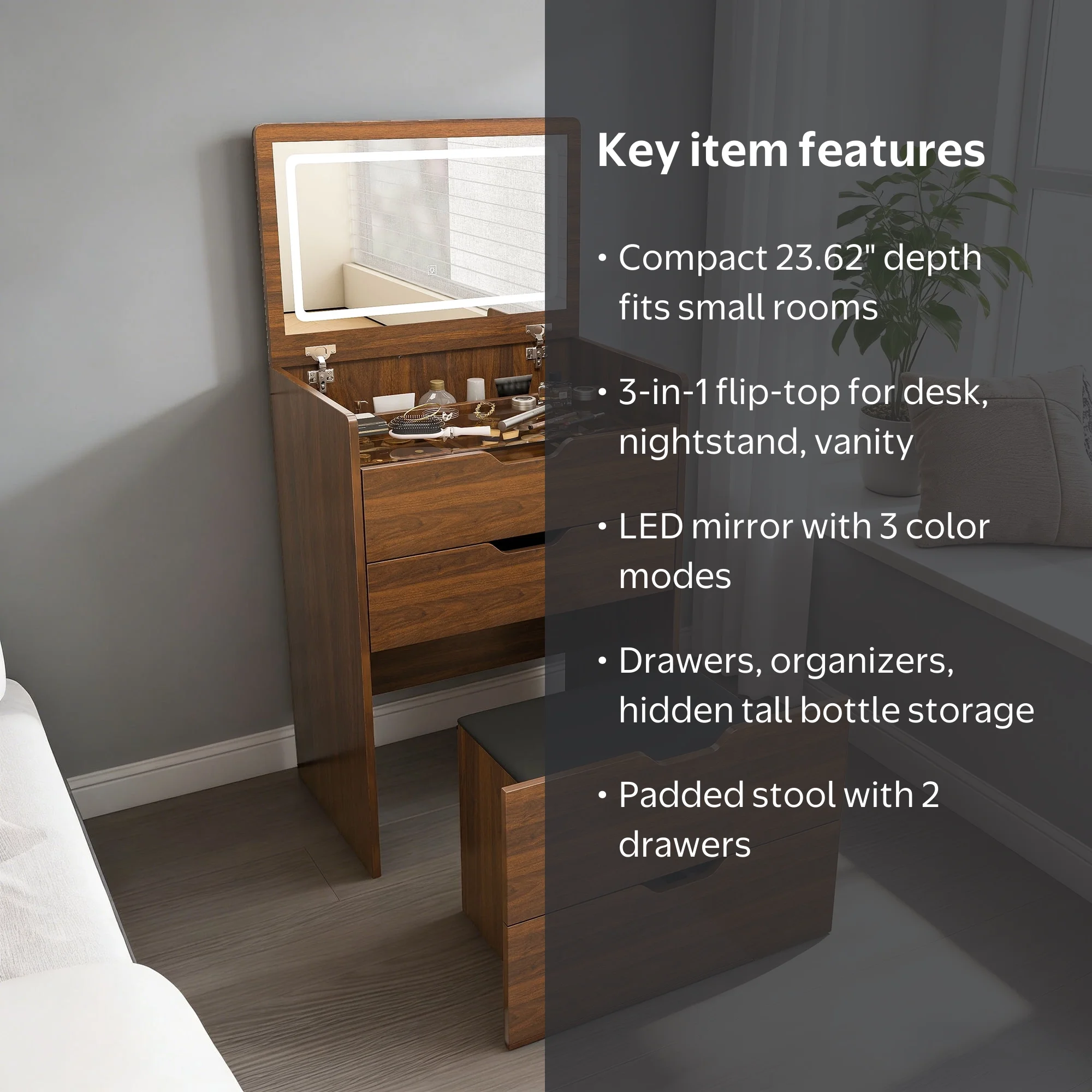 Miniyam 3-in-1 Vanity Desk with Mirror and Storage Stool, Makeup