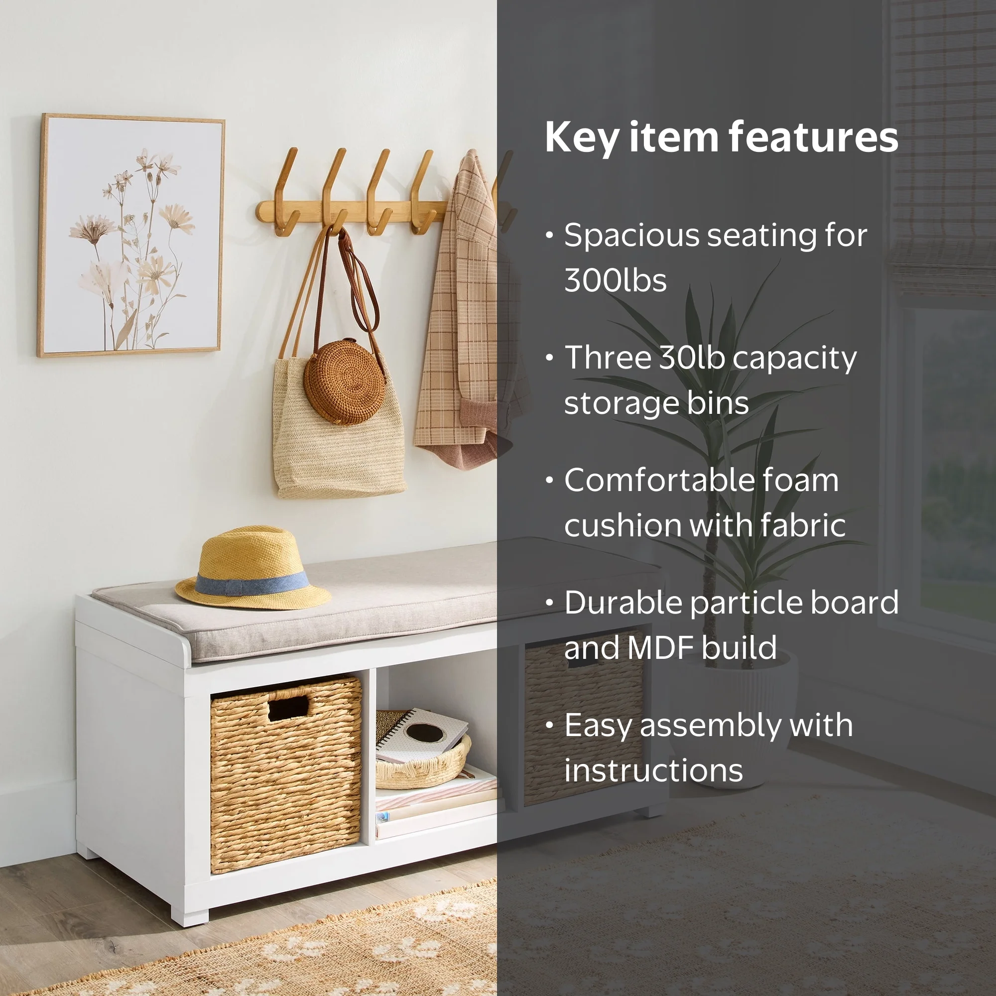 Better Homes & Gardens 3-Cube Storage Bench, White Texture