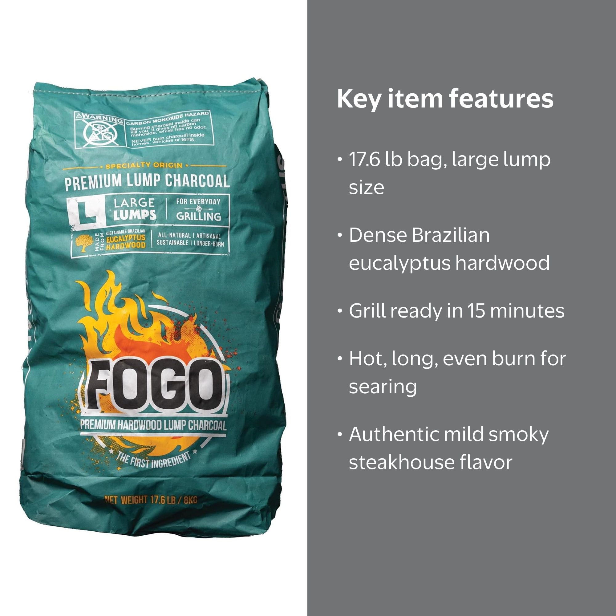 FOGO Brazilian Blend Hardwood Lump Charcoal, Natural, Large Sized Lump  Charcoal for Grilling and Smoking, Restaurant Quality, 17.6 Pound Bag
