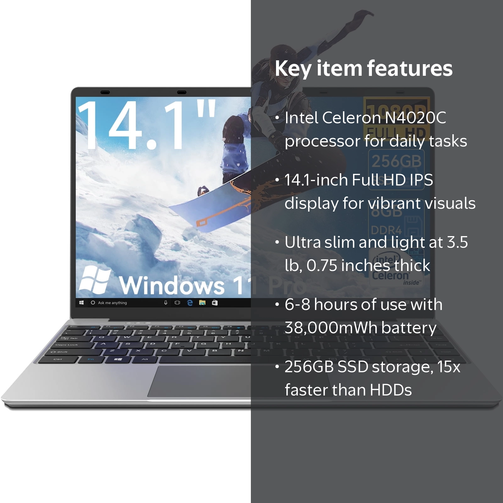 TEMLICOLO, 14.1in Windows 11 Pro Laptop, Intel Celeron N4020C, 8GB