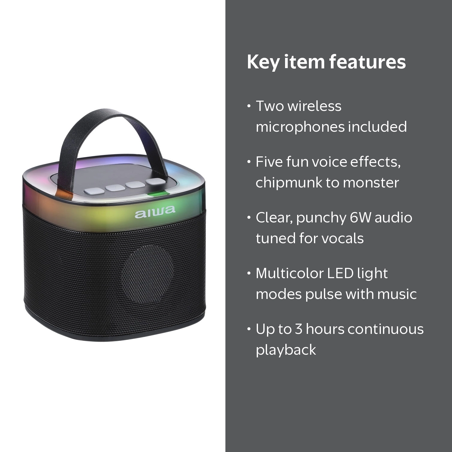 Aiwa Light up Wireless Karaoke Speaker, Black, AI6029-BLK