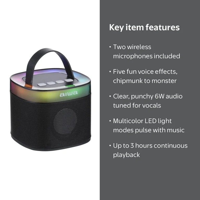 Aiwa Light up Wireless Karaoke Speaker, Black, AI6029-BLK