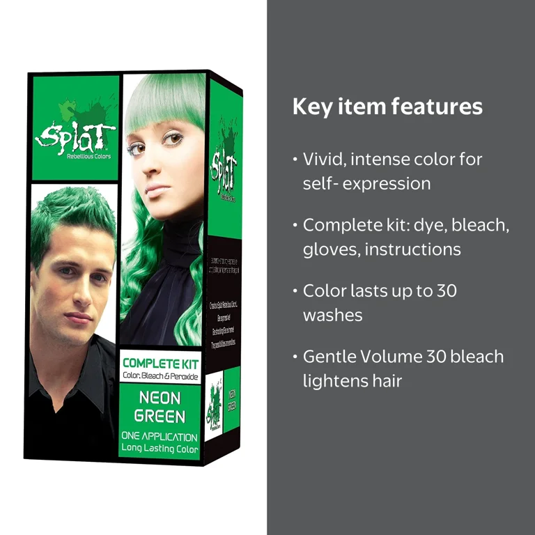 Splat Hair Color Neon Green, Vivid Hair Dye Kit with Bleach, Lasts