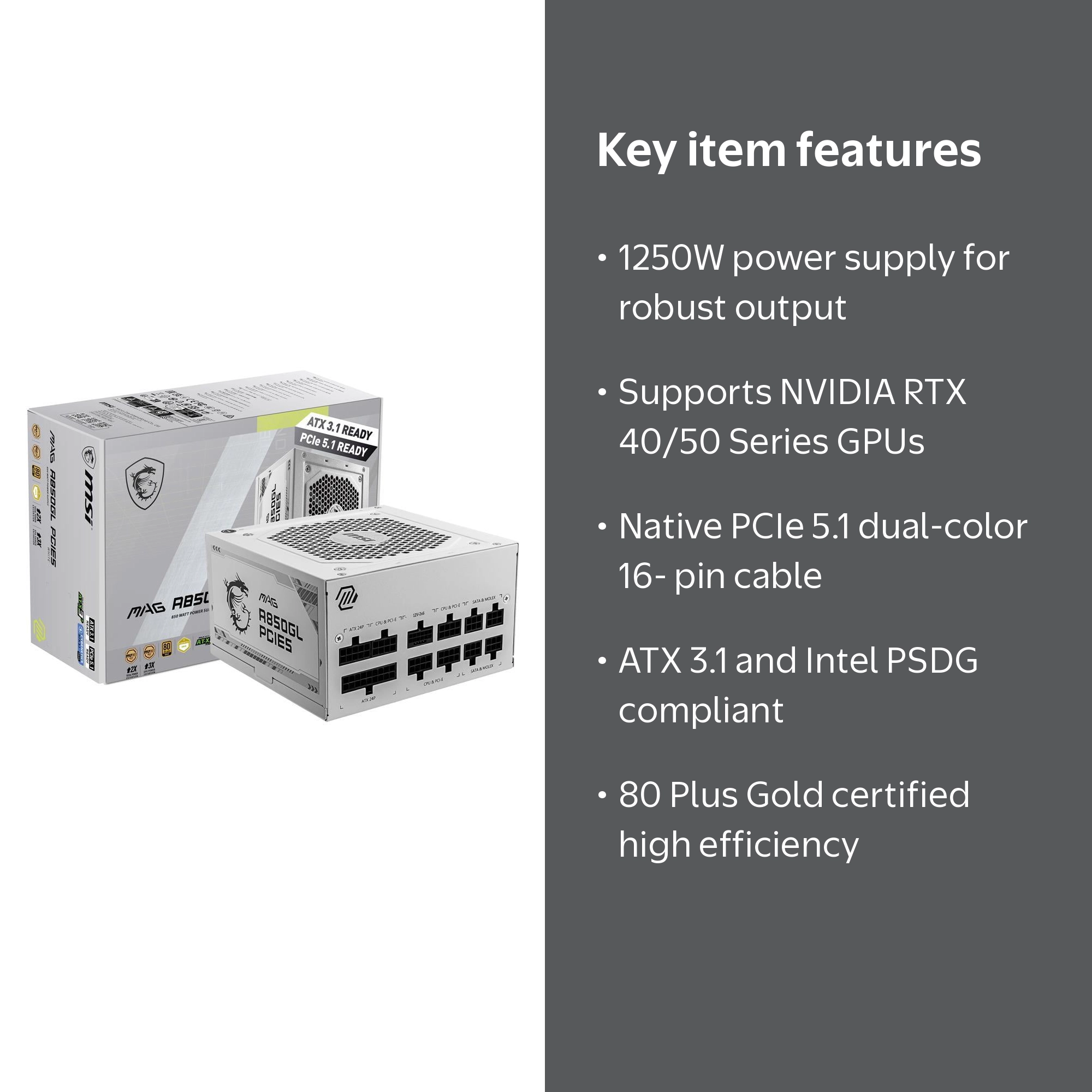 MSI - MAG A850GL PCIE5 WHITE, Fully Modular Gaming PSU, 80+ Gold