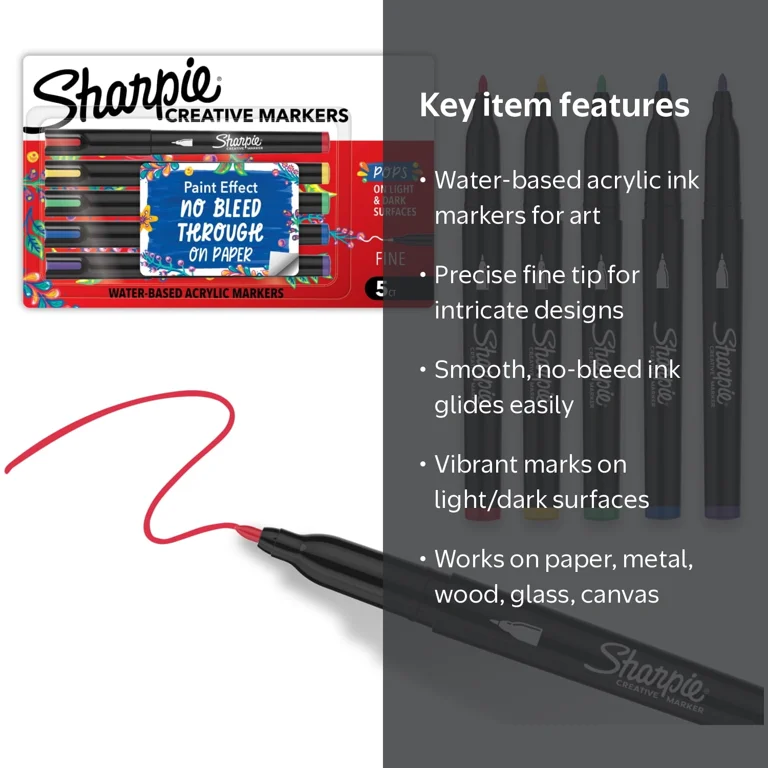 Sharpie Creative Acrylverfmarkers – 5 Stuks – Ronde Punt – Waterbasis – Verfachtige Inkt – Geschikt Voor Meeste Oppervlakken – Geen Doorloop