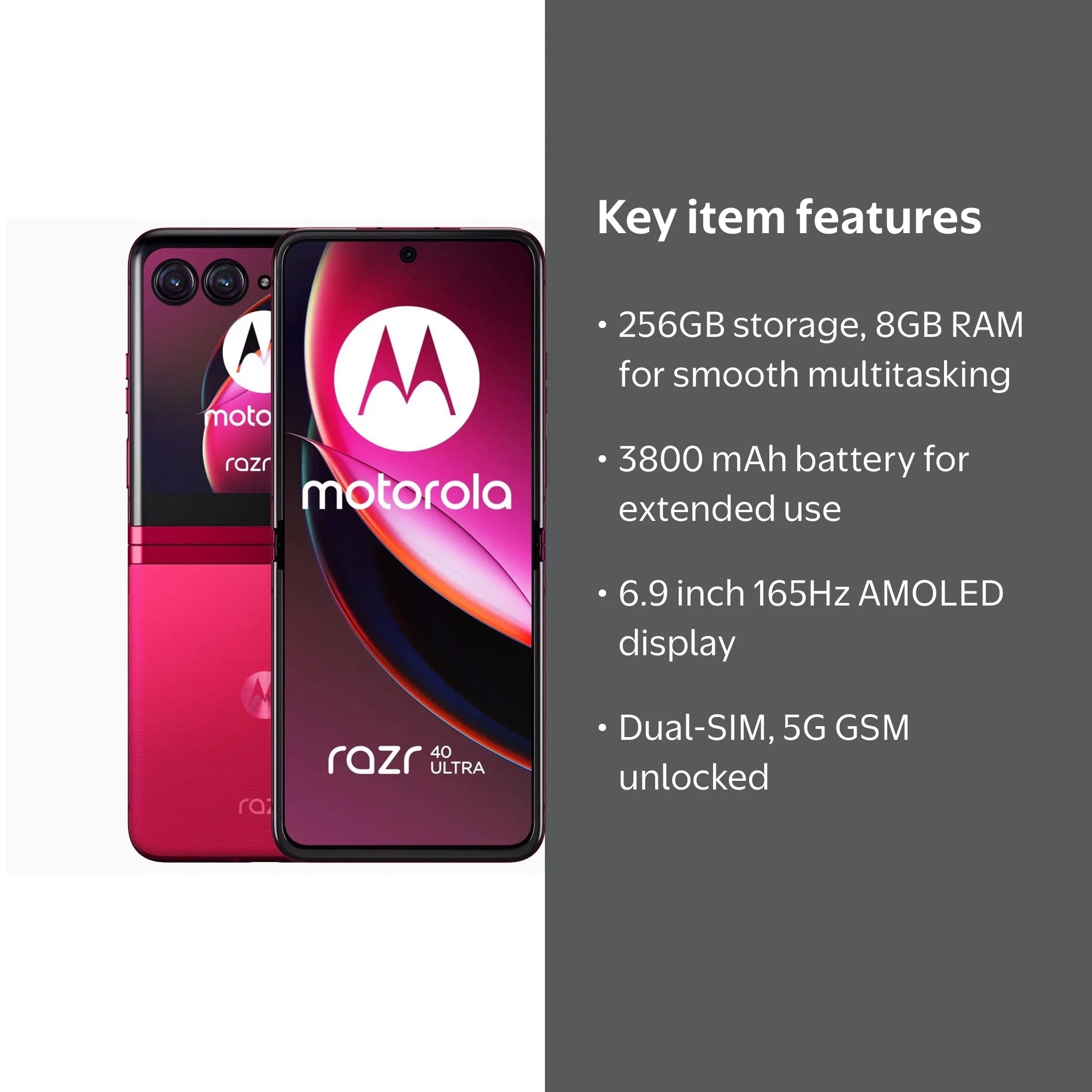 Motorola Razr 40 Ultra 5G, Dual-SIM, 256GB+8GB RAM, Unlocked, Red