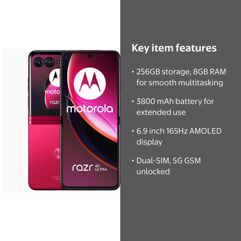 Motorola Razr 40 Ultra 5G, Dual-SIM, 256GB+8GB RAM, Unlocked, Red