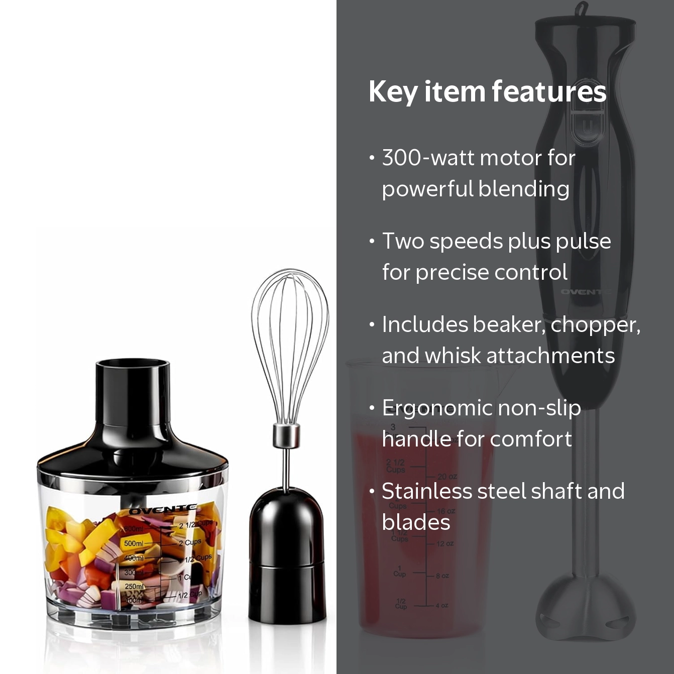 Ovente 300W Handheld Immersion Blender with Whisk, Beaker