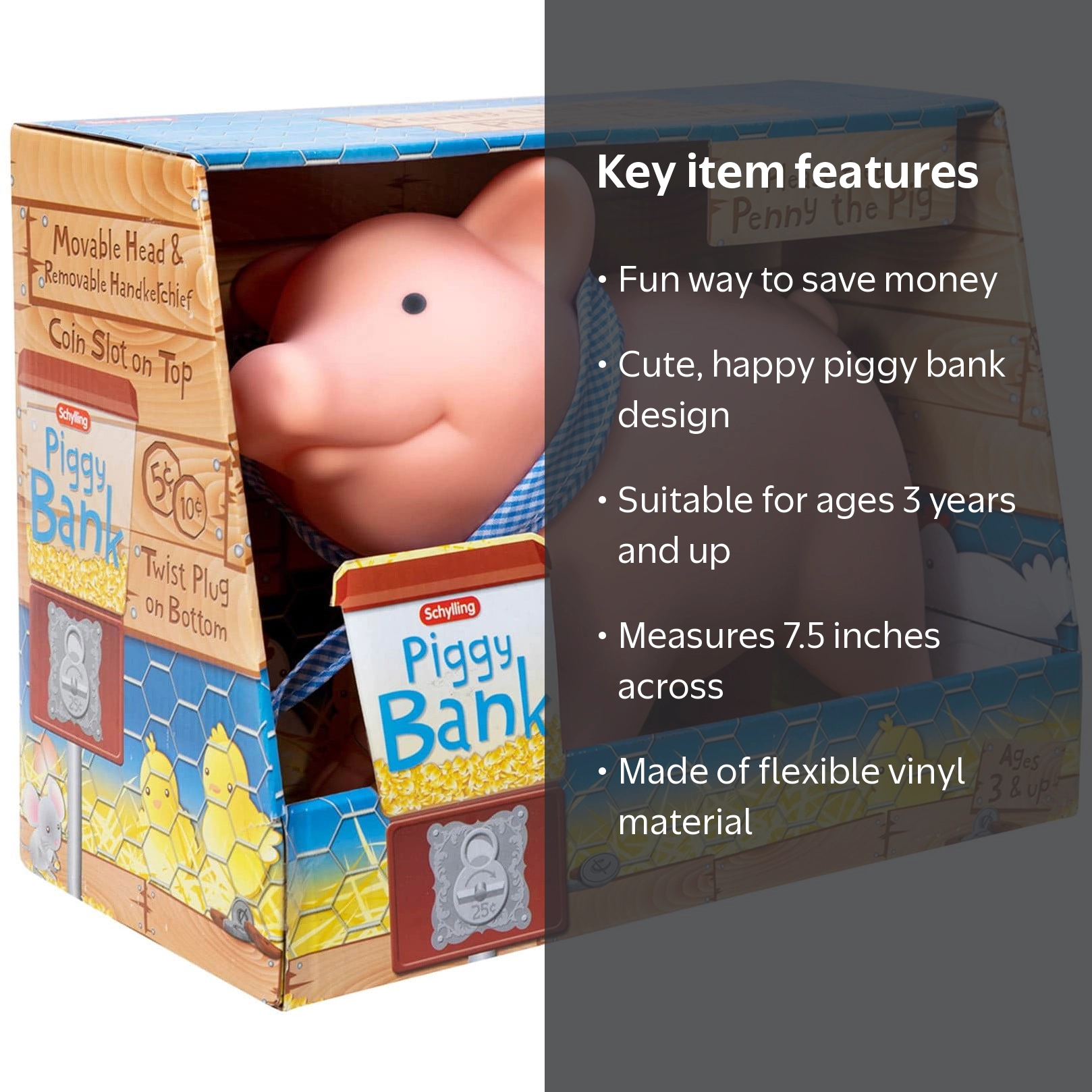 Schylling Rubber Piggy Bank Pink with Blue and White Scarf, 7.5