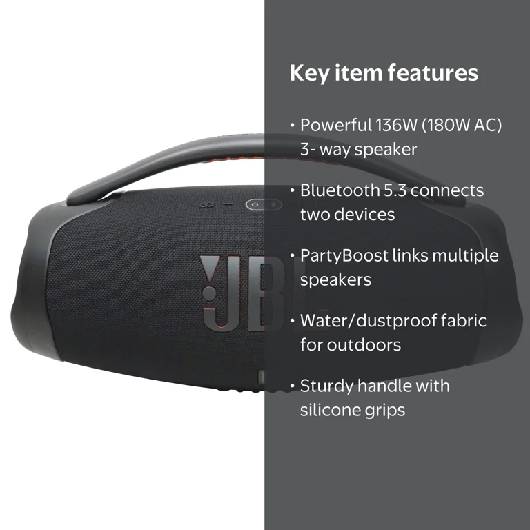 JBL Boombox 3 Portable Bluetooth Speaker, Black, 136W Sound