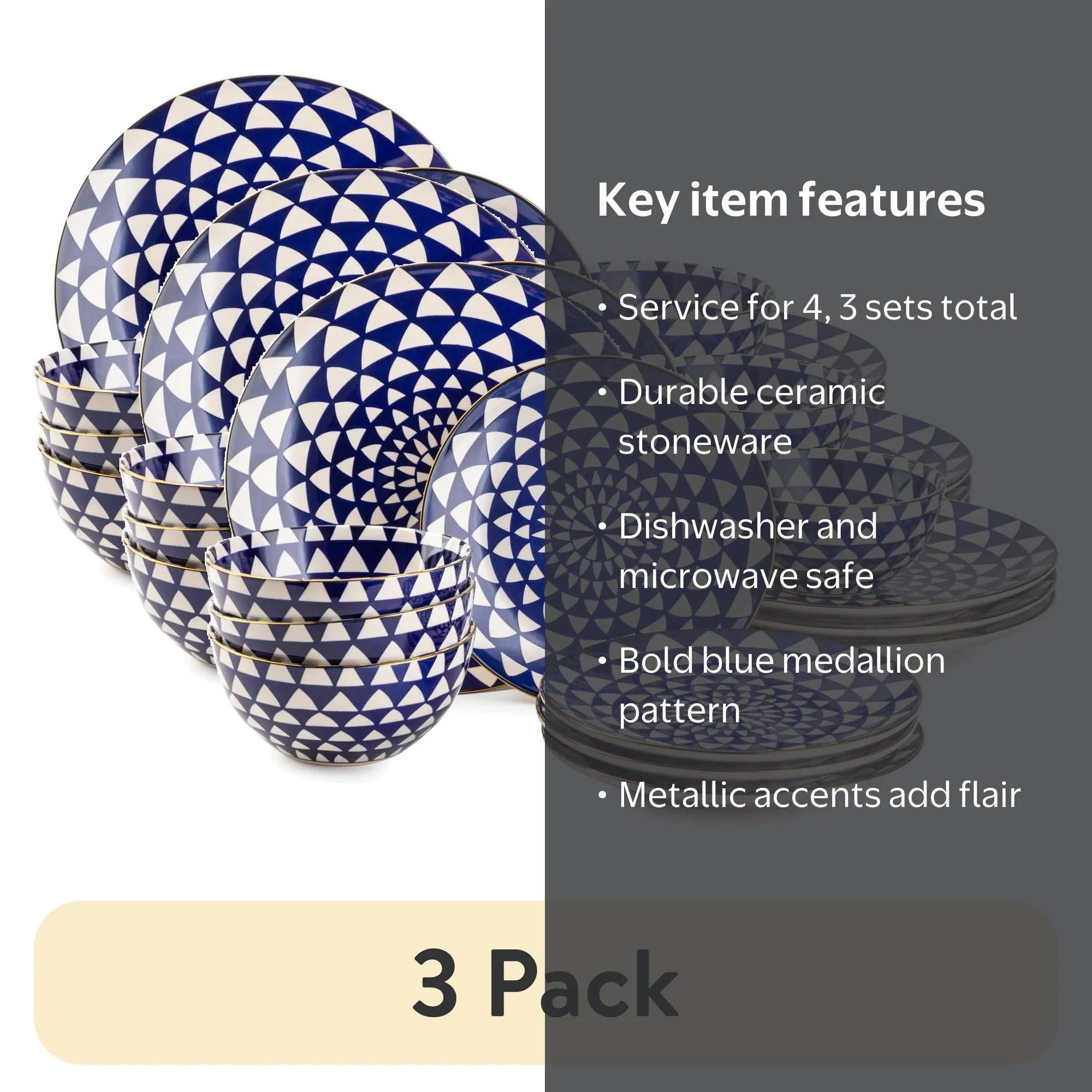3 pack) Thyme & Table Medallion 12-Piece Ceramic Dinnerware Set