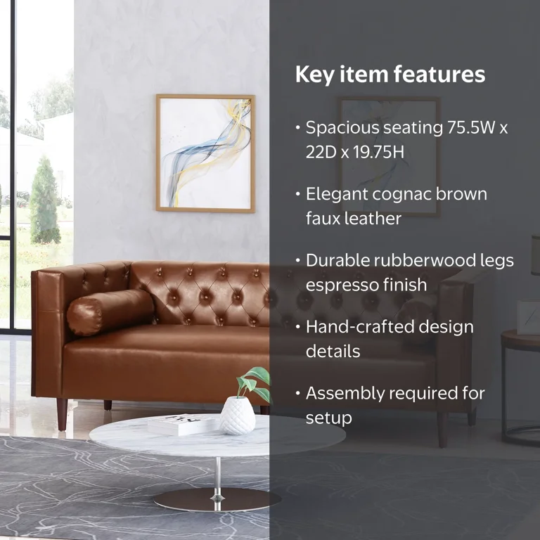 Noble House Hennessey Tufted Faux Leather Sofa, Cognac Brown