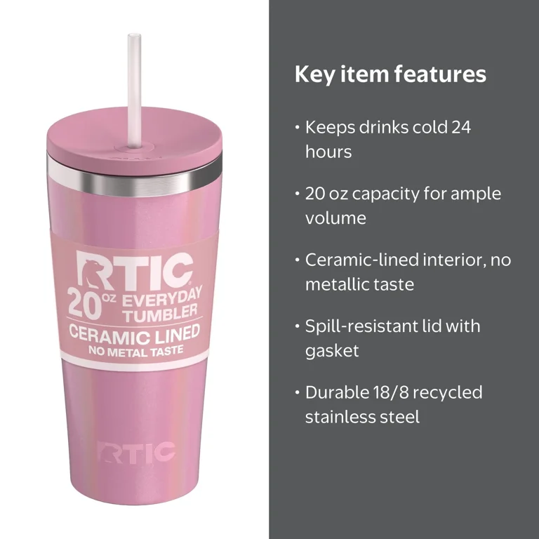 Stina RTN. ダスティーピンク サイズM RTIC 20 oz Ceramic Lined Everyday Tumbler, Spill-Resistant Straw