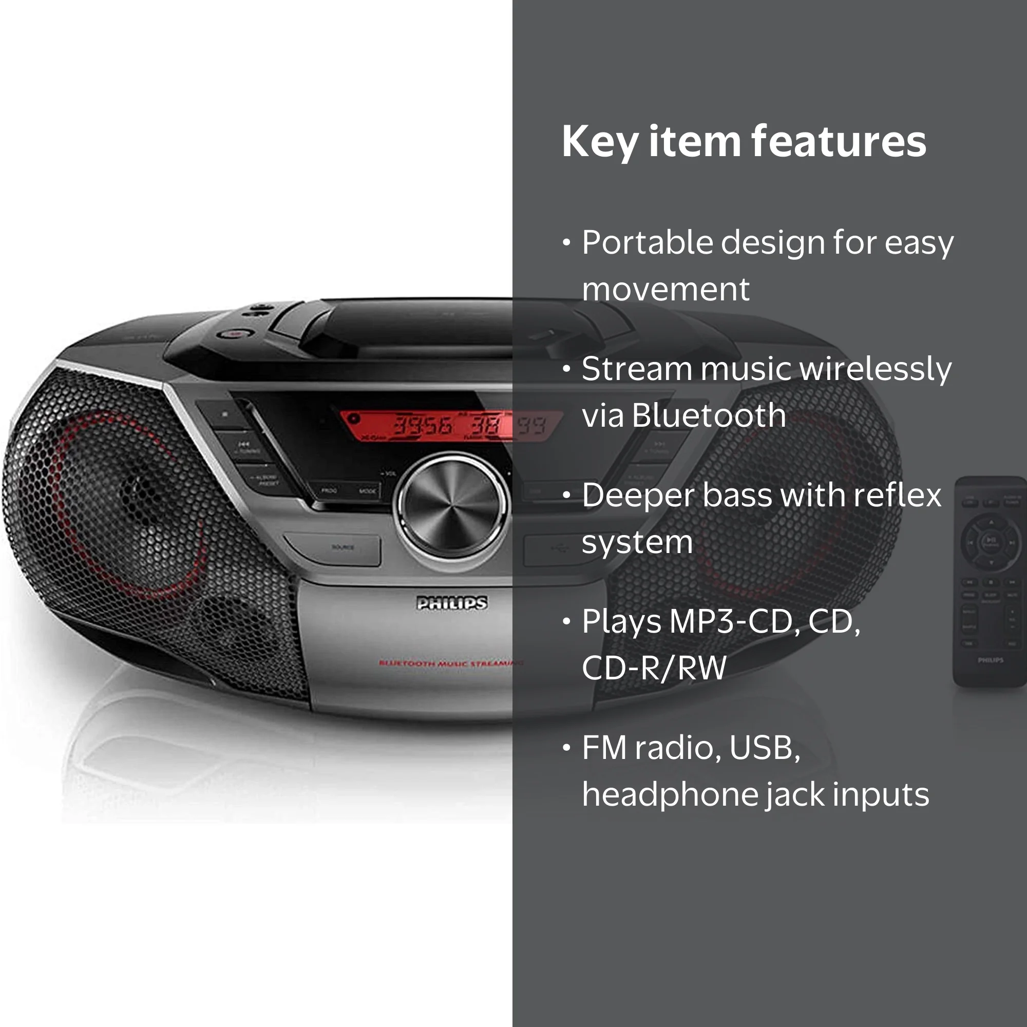 Philips Portable Boombox, CD Player with Bluetooth and NFC, FM