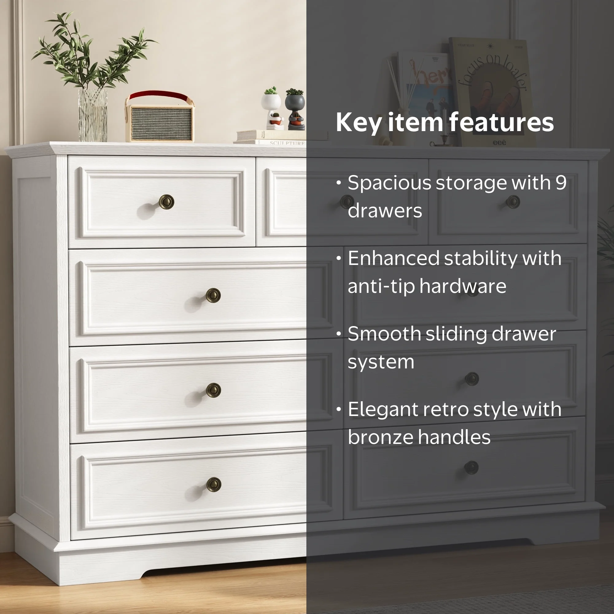 IDEALSOUL White Dresser, 9 Drawer Dresser with Round Metal Handle