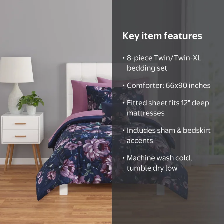 Mainstays All in One Reversible Comforter and Sheet set- 8 Piece