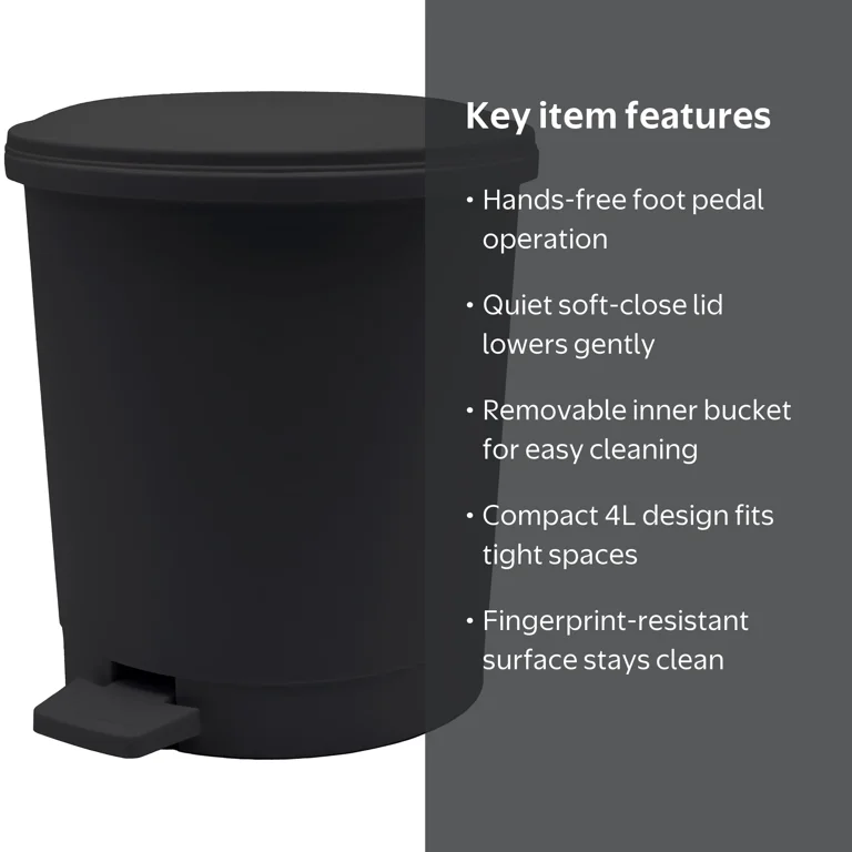 Mainstays Black Plastic Indoor Waste Can with Foot Pedal and