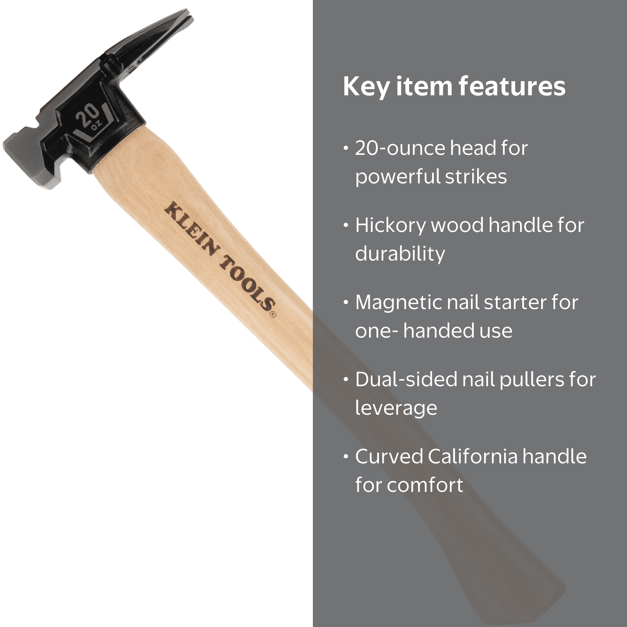 Klein Tools H80920HS Smooth Face Hickory Handle Hammer, 20 oz