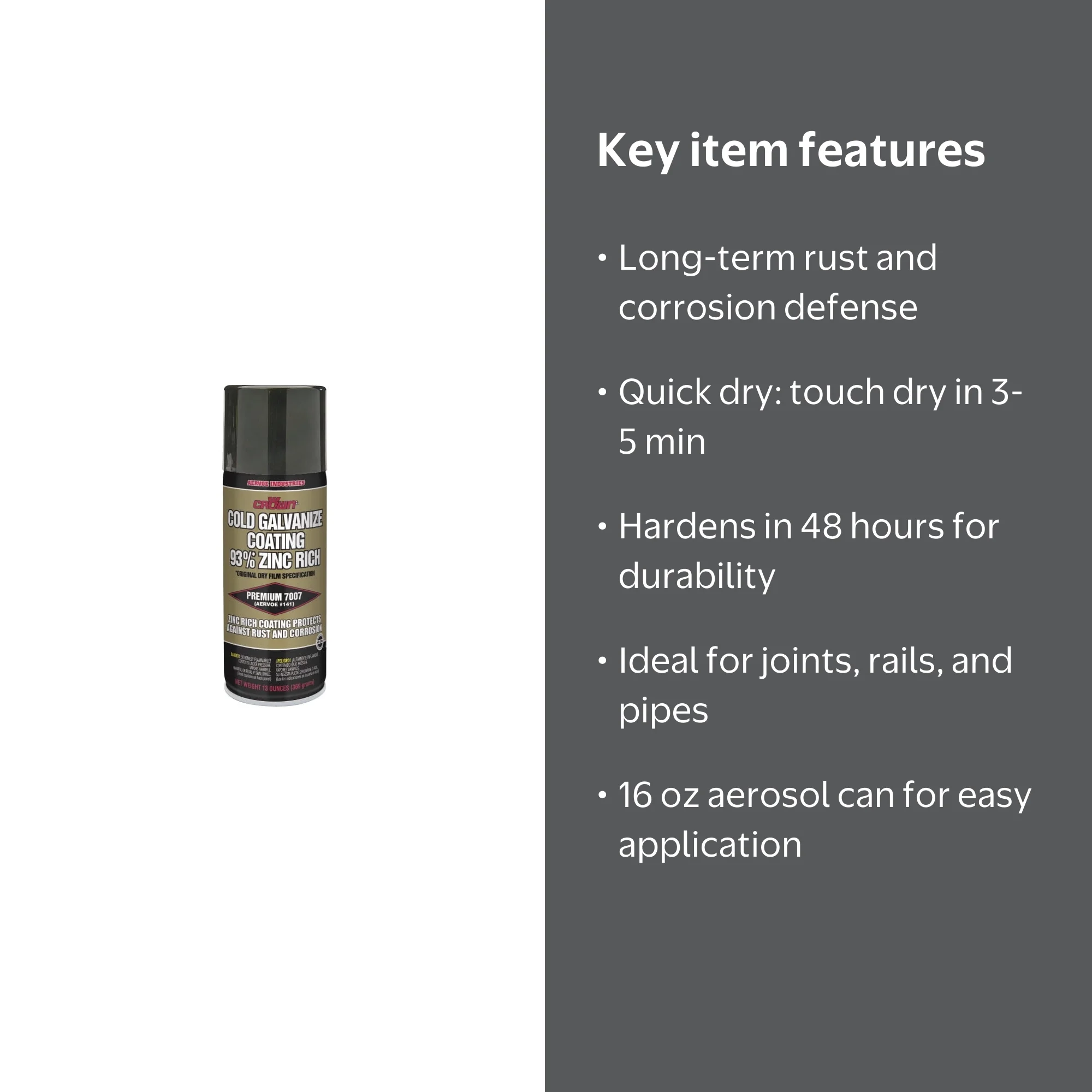 Crown Cold Galvanizing Compound, Fast Drying, Spray Rust Inhibitor