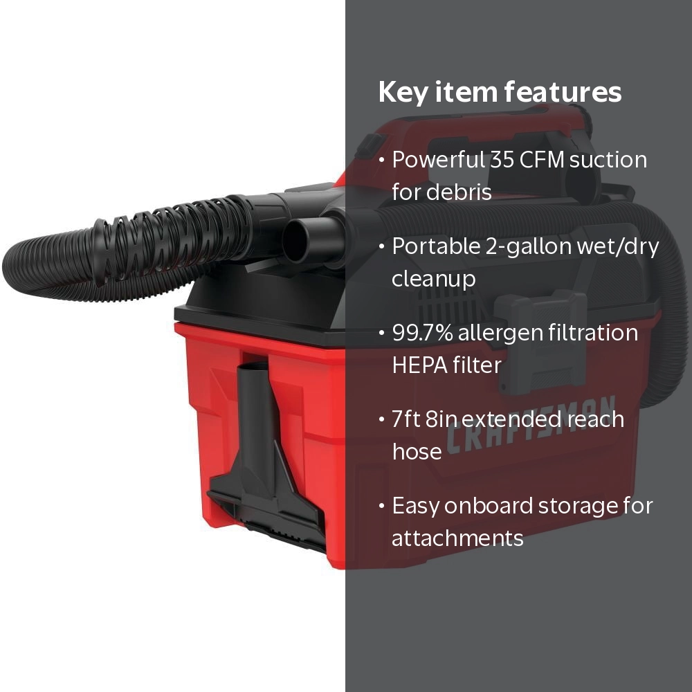 Craftsman V20* 2 Gallon Cordless Wet Dry Vac, HEPA filter, 2 gal