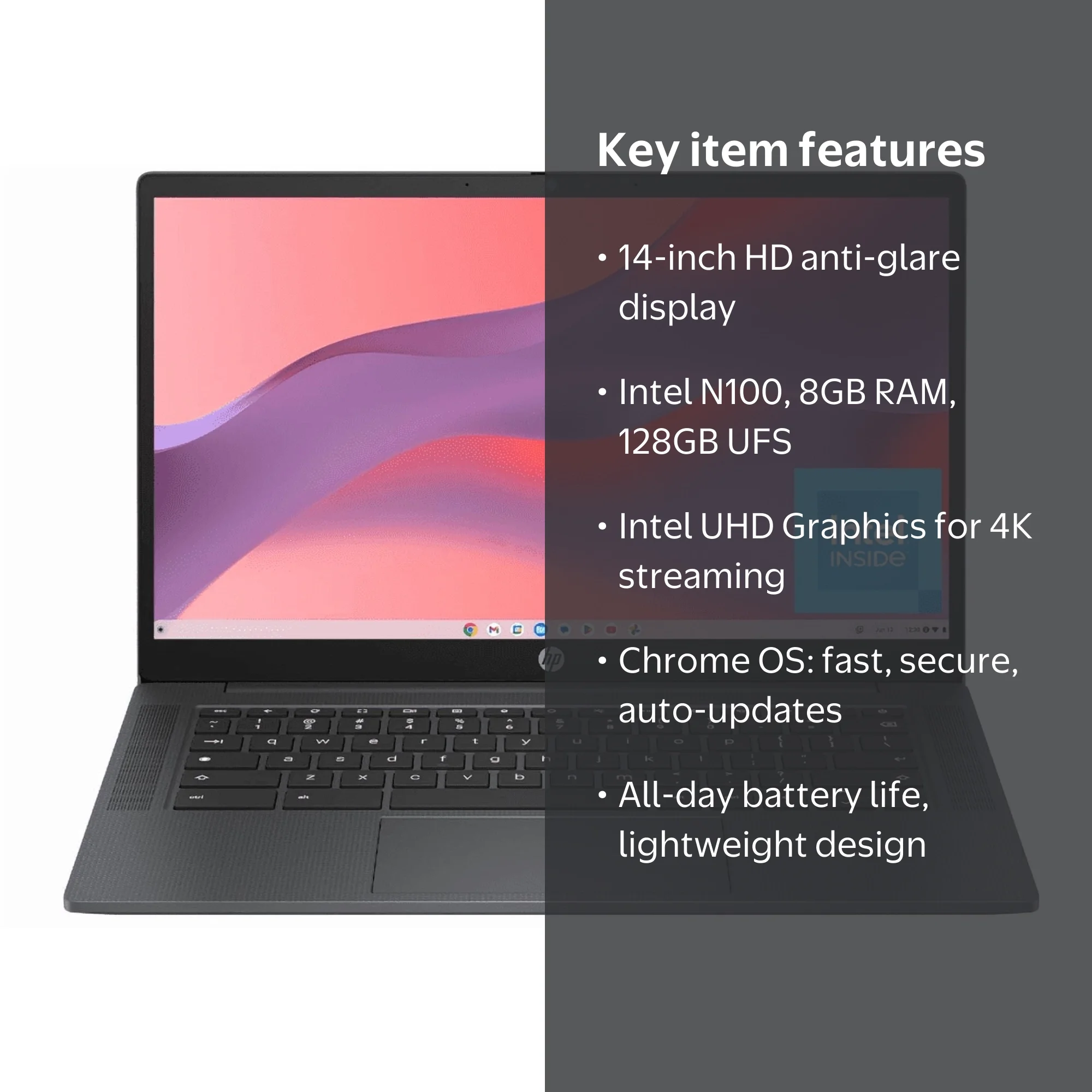 HP, Chromebook 14 inch Laptop, N100, HD Display, 8 GB RAM, 128 GB