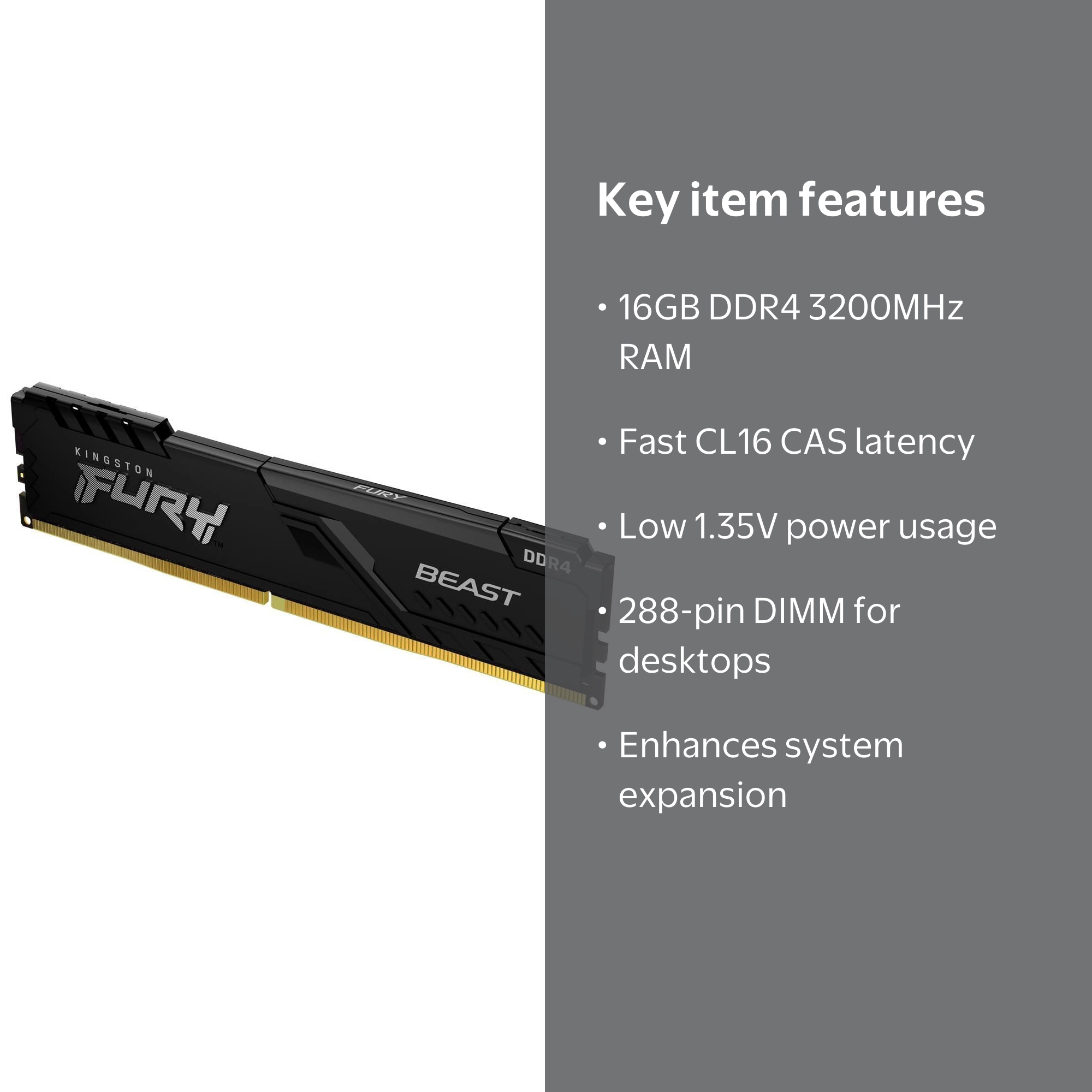 Kingston Fury Beast DDR4 16GB 3200MHz RAM, Desktop Performance