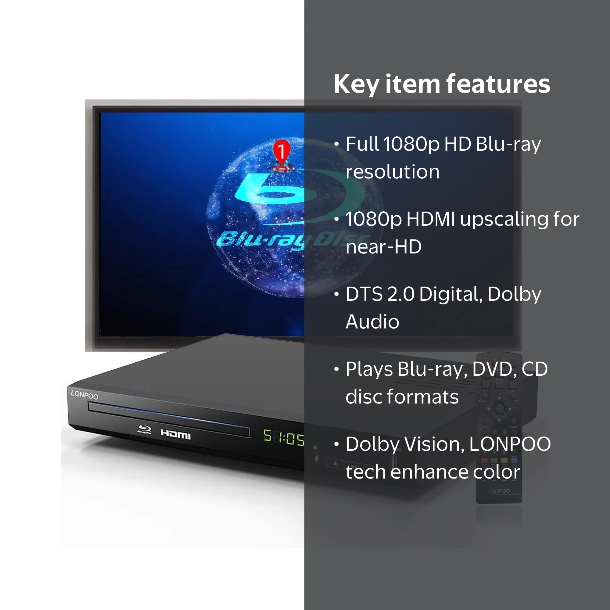 LONPOO Blu Ray DVD Player, 1080P Full HD, HDMI, Support HDD USB