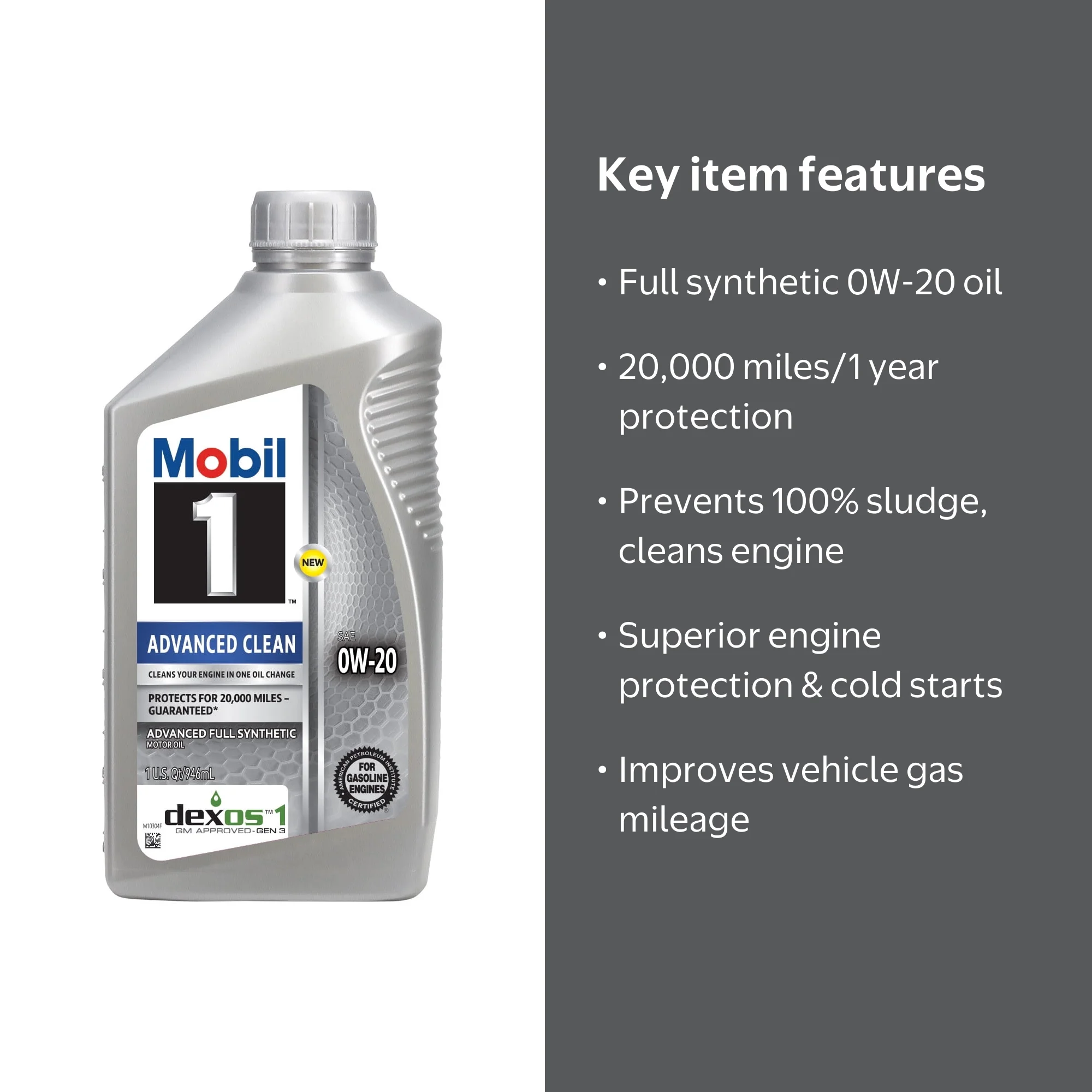 Mobil 1 Advanced Clean Full Synthetic Motor Oil 0W-20, 1 Quart